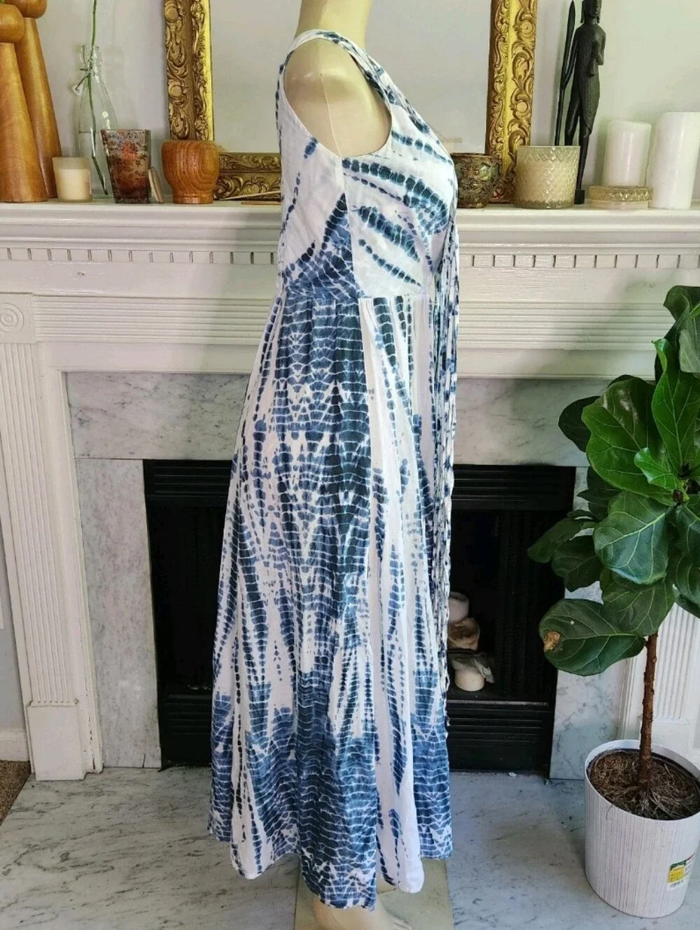 Michael Kors Blue White Tie Dye Tank Dress Maxi Fringe Boho Summer Size XXS